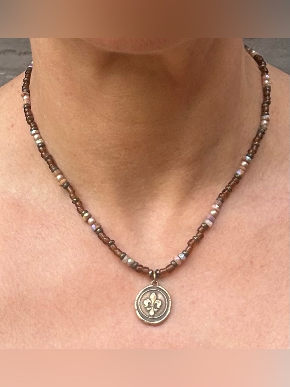 NWOT Artisan Beaded Necklace with Silver Fleur-de-Lis Pendant